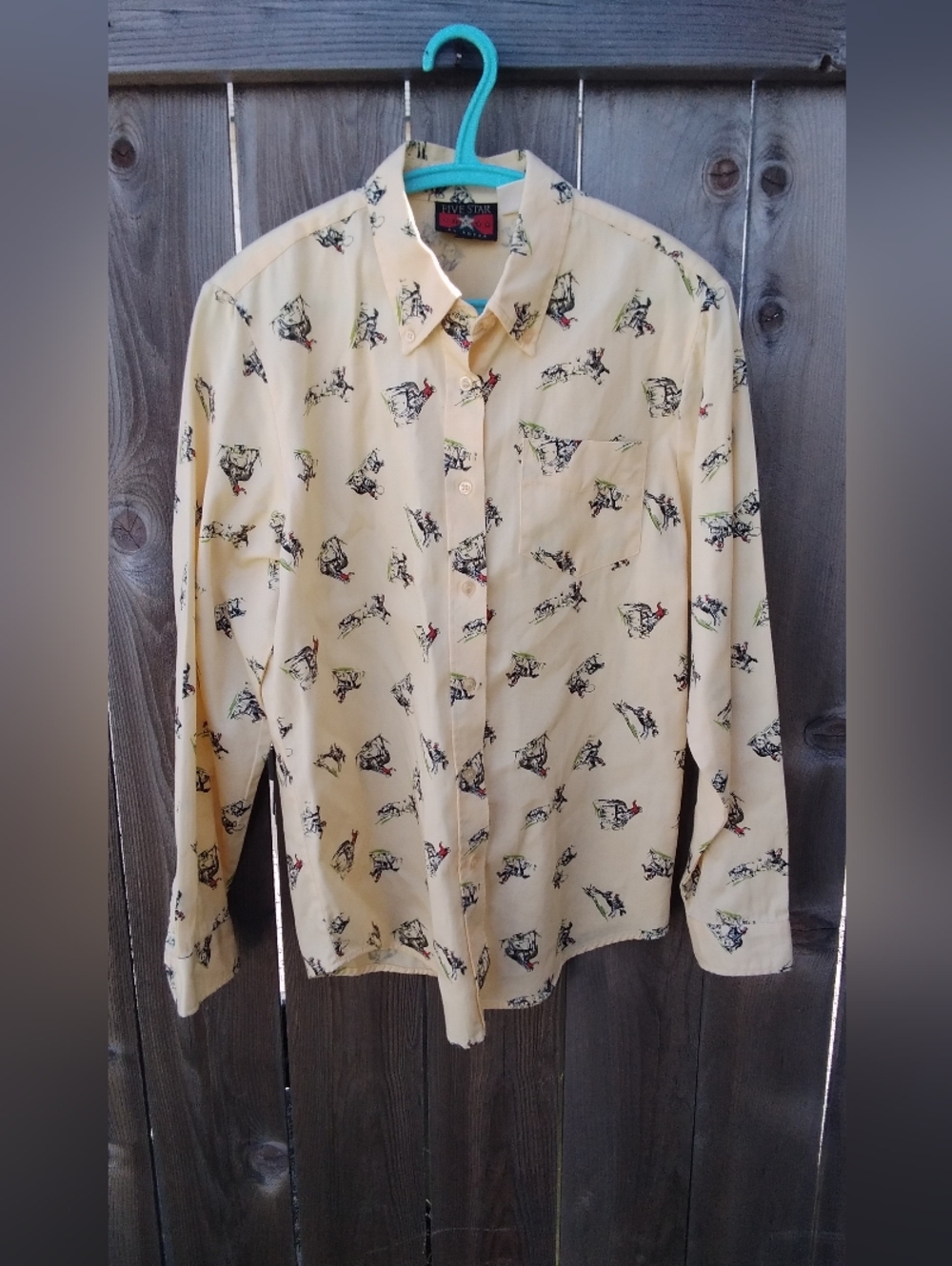 Vintage Western Roper Five Star Yellow Mens Med Novelty Print Button-Down Shirt
